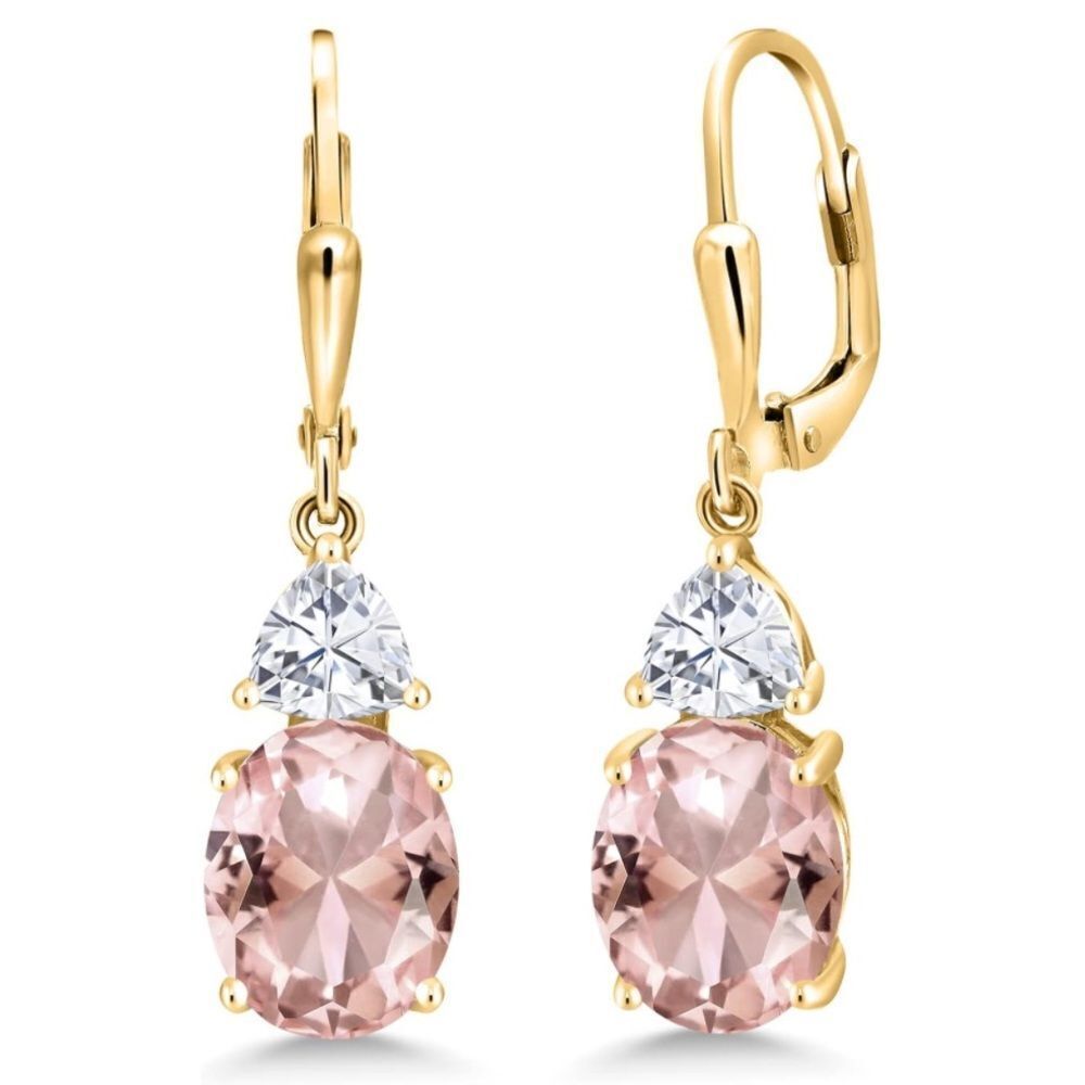 18K Yellow Gold with 5.58Cttw Peach Morganite and White Moissanite Drop Earrings